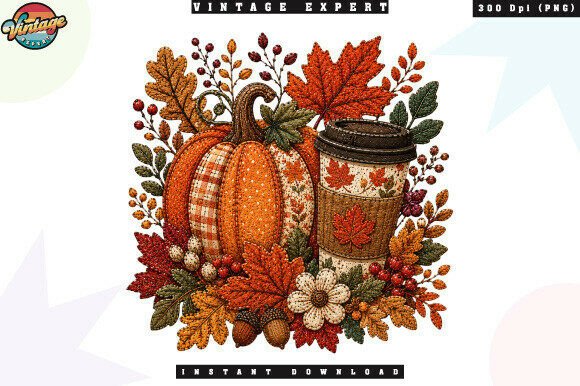 Autumn Coffee Pumpkin Floral PNG Design