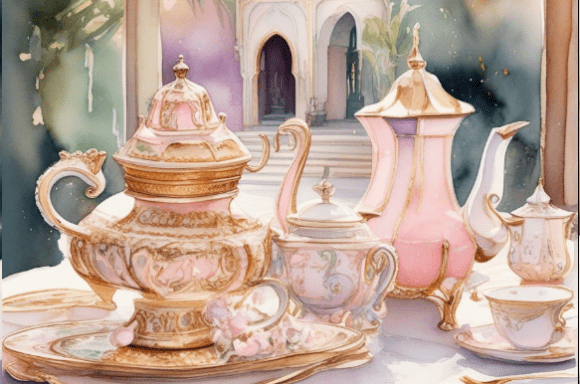Elegant Watercolor Tea Set Illustration: Blending Arabian Nights Fantasy with Modern Design