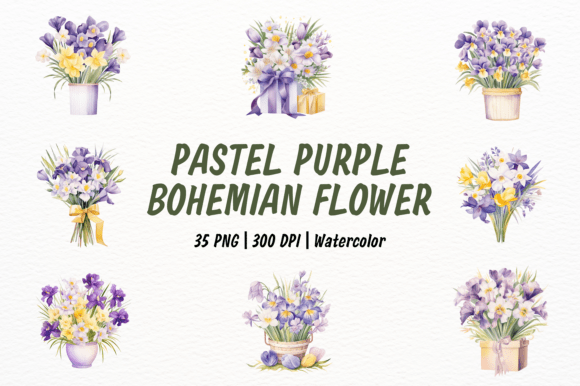 Elevate Your Designs with Pastel Purple Gold and White Iris Daisy Watercolor Clipart