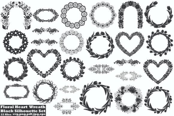 Floral Heart Circle Wreath Black Set