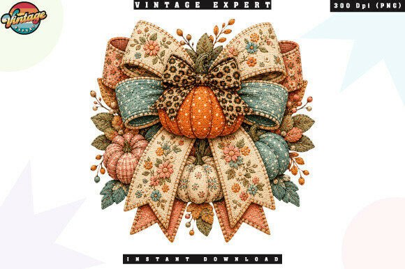 Floral Pumpkin Bow Patchwork PNG