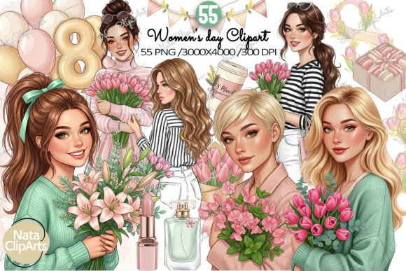 Spring Women Tulips Clipart Bundle